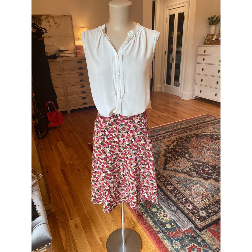 BCBGMAXAZRIA Pink Red Abstract Floral Print A-Line Midi Skirt Small Stretch USA‎